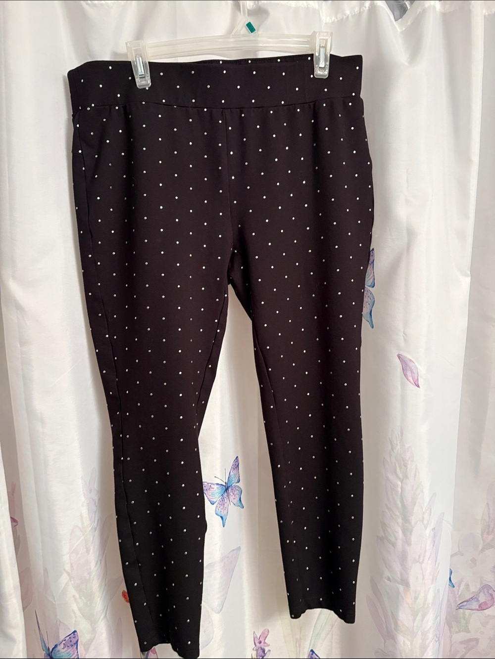 Womens 1X Black Leggings w silver dots